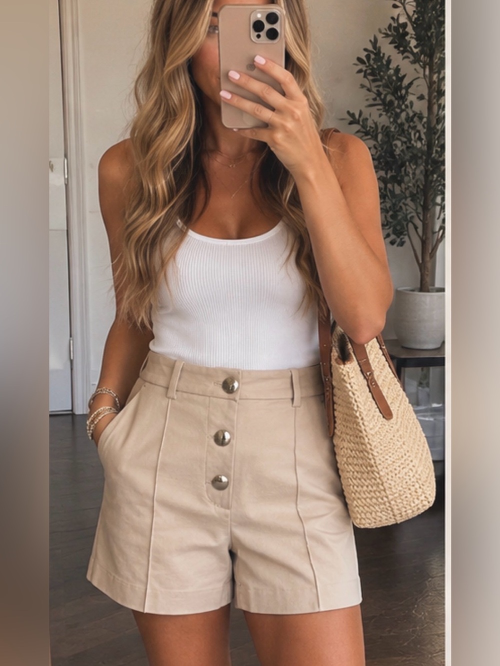 Zara High Waisted Tailored Shorts Beige Gold Button Women’s Size Small NWT